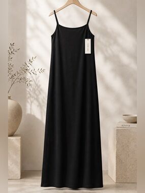 Minimal Black Slip Maxi Dress with Spaghetti Straps